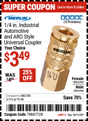 Harbor Freight MERLIN 1/4 IN. INDUSTRIAL, AUTOMOTIVE, AND ARO STYLE UNIVERSAL COUPLER coupon