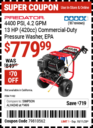 Harbor Freight PREDATOR 4400 PSI, 4.2 GPM, 13 HP (420CC) COMMERCIAL-DUTY PRESSURE WASHER, EPA coupon