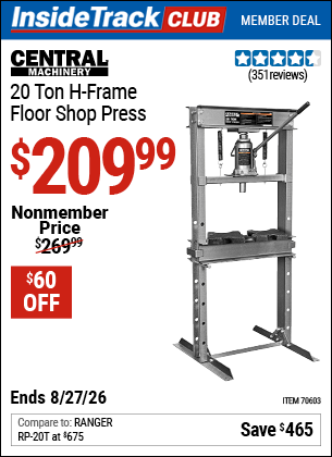 www.hfqpdb.com - CENTRAL MACHINERY 20 TON H-FRAME FLOOR SHOP PRESS Lot No. 70603