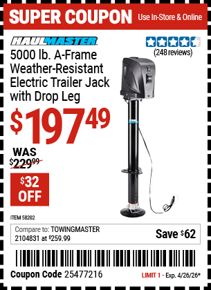 www.hfqpdb.com - HAUL-MASTER 5000 LB. A-FRAME WEATHER-RESISTANT ELECTRIC TRAILER JACK WITH DROP LEG Lot No. 58202
