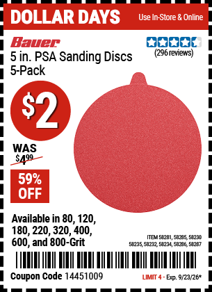 Harbor Freight BAUER 5 IN. PSA SANDING DISCS WITH ZIRCONIA ALUMINA GRAIN, 5-PACK coupon