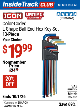www.hfqpdb.com - ICON COLOR-CODED L-SHAPE BALL END HEX KEY SET, 13-PIECE Lot No. 57927/57926