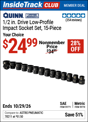 Harbor Freight QUINN 1/2 IN. DRIVE SAE LOW-PROFILE IMPACT SOCKET SET, 11-PIECE coupon
