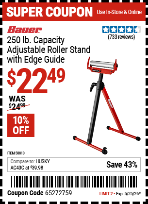 www.hfqpdb.com - BAUER 250 LB. CAPACITY ADJUSTABLE ROLLER STAND WITH EDGE GUIDE Lot No. 58810