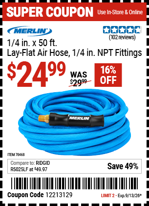 www.hfqpdb.com - MERLIN 1/4 IN. X 50 FT. LAY-FLAT AIR HOSE, 1/4 IN. NPT FITTINGS Lot No. 70468