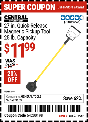 www.hfqpdb.com - CENTRAL MACHINERY 27 IN. QUICK-RELEASE MAGNETIC PICKUP TOOL, 25 LB. CAPACITY Lot No. 93950