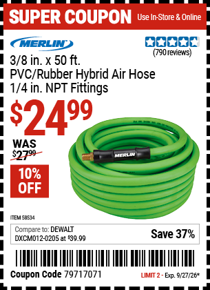 www.hfqpdb.com - MERLIN 3/8 IN. X 50 FT. PVC/RUBBER HYBRID AIR HOSE, 1/4 IN. NPT FITTINGS Lot No. 58534