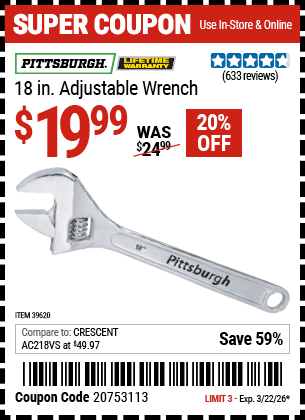 www.hfqpdb.com - PITTSBURGH 18 IN. ADJUSTABLE WRENCH Lot No. 39620