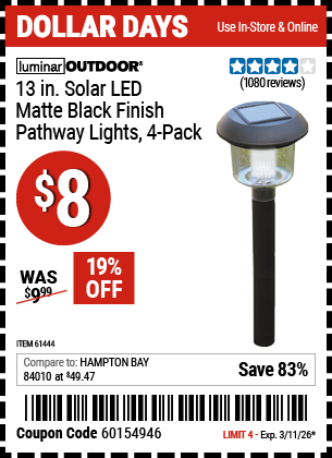 www.hfqpdb.com - LUMINAR OUTDOOR 13 IN. SOLAR LED MATTE BLACK FINISH PATHWAY LIGHTS, 4-PACK Lot No. 61444