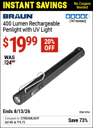 www.hfqpdb.com - BRAUN 400 LUMEN RECHARGEABLE PENLIGHT WITH UV LIGHT Lot No. 70764