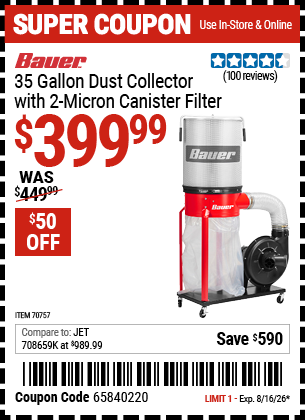 www.hfqpdb.com - BAUER 35 GALLON DUST COLLECTOR WITH 2-MICRON CANISTER FILTER Lot No. 70757