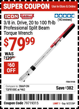 www.hfqpdb.com - ICON 3/8 IN. DRIVE, 20 TO 100 FT-LB PROFESSIONAL SPLIT BEAM TORQUE WRENCH Lot No. 59108