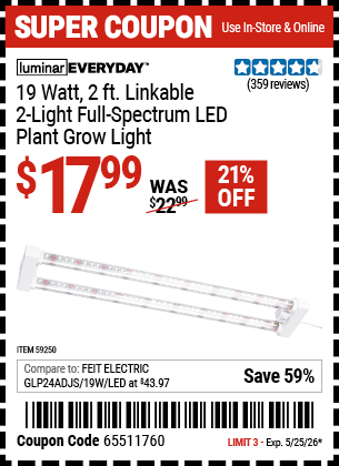 www.hfqpdb.com - LUMINAR EVERYDAY 19 WATT, 2 FT. LINKABLE 2-LIGHT FULL-SPECTRUM LED PLANT GROW LIGHT Lot No. 59250