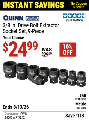www.hfqpdb.com - QUINN 3/8 IN. DRIVE BOLT EXTRACTOR SOCKET SET, 9-PIECE Lot No. 59855/70709
