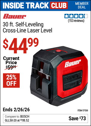 www.hfqpdb.com - BAUER 30 FT. SELF-LEVELING CROSS-LINE LASER LEVEL Lot No. 57530