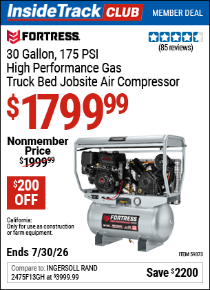 www.hfqpdb.com - FORTRESS 30 GALLON, 175 PSI HIGH PERFORMANCE GAS TRUCK BED JOBSITE AIR COMPRESSOR Lot No. 59373