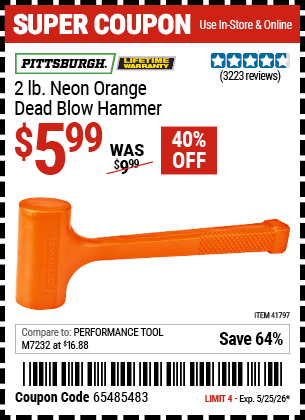 www.hfqpdb.com - PITTSBURGH 2 LB. NEON ORANGE DEAD BLOW HAMMER Lot No. 41797