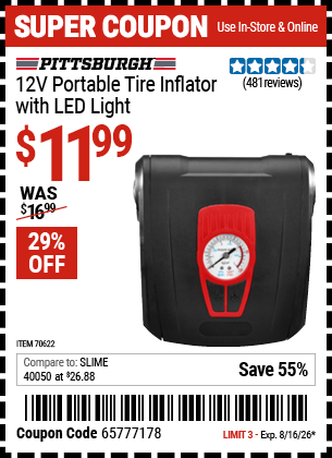 www.hfqpdb.com - PITTSBURGH 12V PORTABLE TIRE INFLATOR WITH LED LIGHT Lot No. 70622