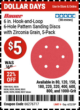 www.hfqpdb.com - BAUER 6 IN. HOOK-AND-LOOP 6-HOLE PATTERN SANDING DISCS WITH ZIRCONIA GRAIN, 5-PACK Lot No. 58236/58237/58238/58239/58240/58241/58242/58288/58289/58290