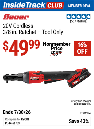 www.hfqpdb.com - BAUER 20V CORDLESS, 3/8 IN. RATCHET &ndash; TOOL ONLY Lot No. 59366