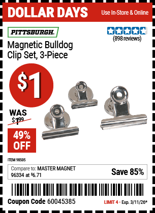 www.hfqpdb.com - PITTSBURGH MAGNETIC BULLDOG CLIP SET, 3-PIECE Lot No. 98505