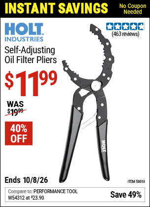 Harbor Freight HOLT INDUSTRIES SELF-ADJUSTING OIL FILTER PLIERS coupon