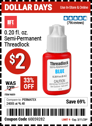 www.hfqpdb.com - HFT 0.20 FL. OZ. SEMI-PERMANENT THREADLOCK Lot No. 96059
