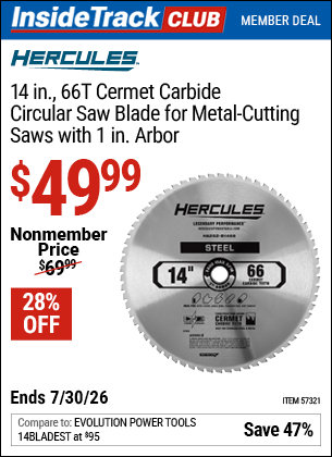 www.hfqpdb.com - HERCULES 14 IN., 66T CERMET CARBIDE CIRCULAR SAW BLADE FOR METAL-CUTTING SAWS WITH 1 IN. ARBOR Lot No. 57321