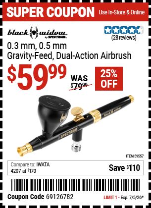 Harbor Freight BLACK WIDOW BY SPECTRUM 0.3 MM, 0.5 MM GRAVITY-FEED, DUAL-ACTION AIRBRUSH coupon