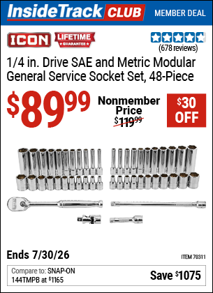 www.hfqpdb.com - ICON 1/4 IN. DRIVE SAE AND METRIC MODULAR GENERAL SERVICE SOCKET SET, 48-PIECE Lot No. 70311