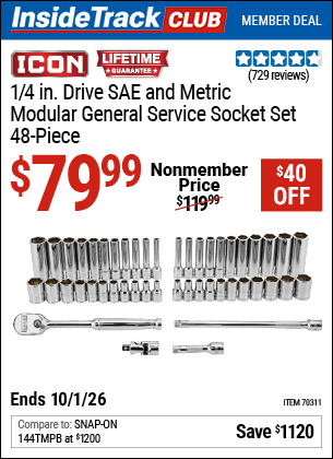 www.hfqpdb.com - ICON 1/4 IN. DRIVE SAE AND METRIC MODULAR GENERAL SERVICE SOCKET SET, 48-PIECE Lot No. 70311