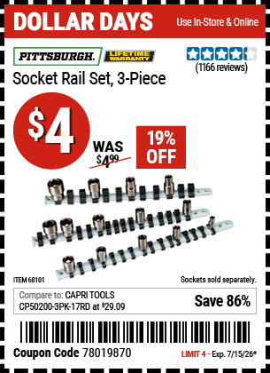 www.hfqpdb.com - PITTSBURGH SOCKET RAIL SET, 3-PIECE Lot No. 68101