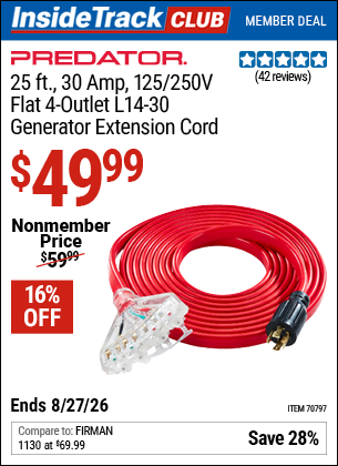 www.hfqpdb.com - PREDATOR 25 FT., 30 AMP, 125/250V FLAT 4-OUTLET L14-30 GENERATOR EXTENSION CORD Lot No. 70797