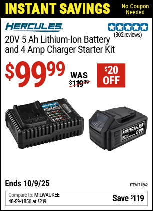 Harbor Freight HERCULES 20V 5 AH LITHIUM-ION BATTERY AND 4 AMP CHARGER STARTER KIT coupon
