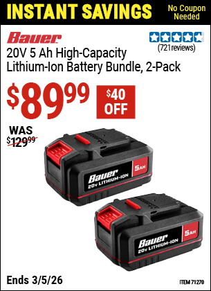 www.hfqpdb.com - BAUER 20V 5 AH HIGH-CAPACITY LITHIUM-ION BATTERY BUNDLE, 2-PACK Lot No. 71270