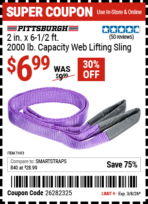 www.hfqpdb.com - PITTSBURGH 2 IN. X 6-1/2 FT., 2000 LB. CAPACITY WEB LIFTING SLING, PURPLE Lot No. 71451