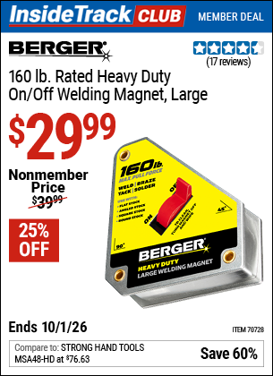 Harbor Freight BERGER 160 LB. RATED HEAVY DUTY ON/OFF WELDING MAGNET, LARGE coupon