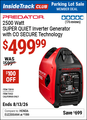 www.hfqpdb.com - PREDATOR 2500 WATT SUPER QUIET INVERTER GENERATOR WITH CO SECURE TECHNOLOGY Lot No. 72010/73422