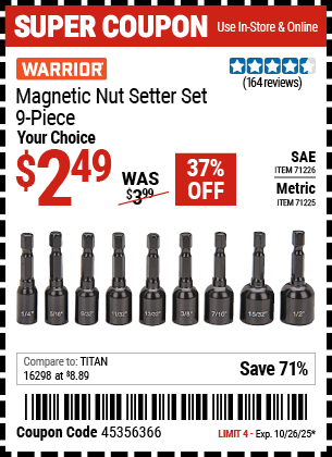 www.hfqpdb.com - WARRIOR MAGNETIC NUT SETTER SET, 9-PIECE Lot No. 71225/71226