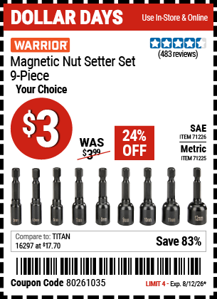 www.hfqpdb.com - WARRIOR MAGNETIC NUT SETTER SET, 9-PIECE Lot No. 71225/71226