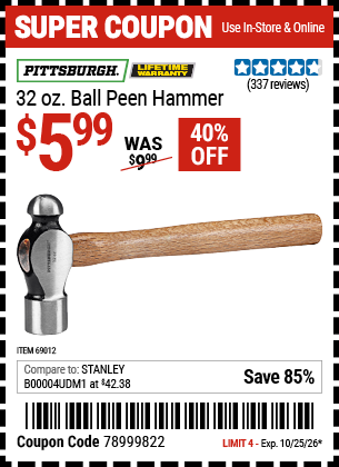 www.hfqpdb.com - PITTSBURGH 32 OZ. BALL PEEN HAMMER Lot No. 69012