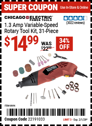 Harbor Freight CHICAGO ELECTRIC POWER TOOLS 1.3 AMP VARIABLE-SPEED ROTARY TOOL KIT, 31-PIECE coupon