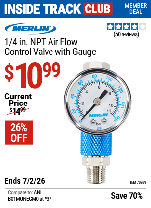 Harbor Freight MERLIN 1/4 IN. NPT AIR FLOW CONTROL VALVE WITH GAUGE coupon