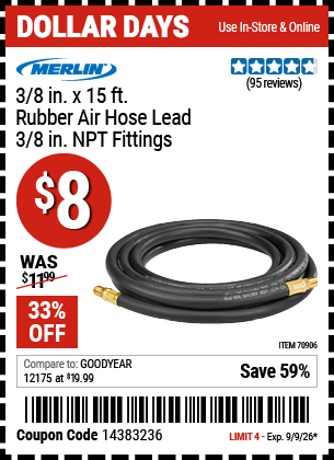 www.hfqpdb.com - MERLIN 3/8 IN. X 15 FT. RUBBER AIR HOSE LEAD, 3/8 IN. NPT FITTINGS Lot No. 70906