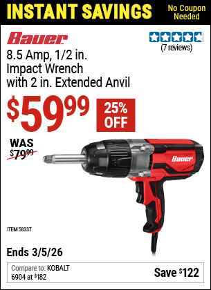 www.hfqpdb.com - BAUER 8.5 AMP, 1/2 IN. IMPACT WRENCH WITH 2 IN. EXTENDED ANVIL Lot No. 58337