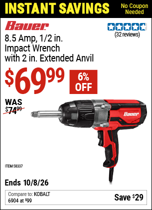 www.hfqpdb.com - BAUER 8.5 AMP, 1/2 IN. IMPACT WRENCH WITH 2 IN. EXTENDED ANVIL Lot No. 58337