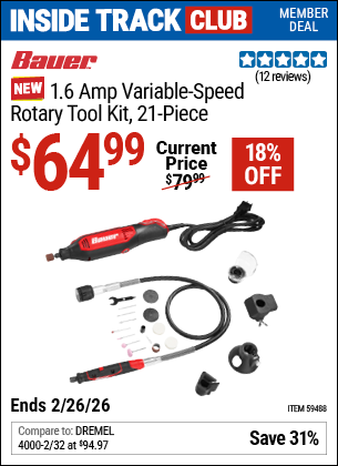 www.hfqpdb.com - BAUER 1.6 AMP VARIABLE-SPEED ROTARY TOOL KIT, 21-PIECE Lot No. 59488