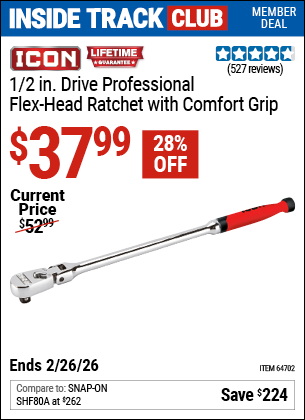 Harbor Freight ICON 1/2 IN. DRIVE PROFESSIONAL FLEX-HEAD RATCHET WITH COMFORT GRIP coupon