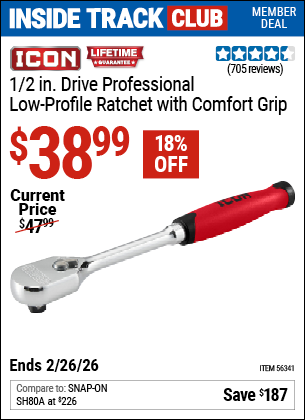 Harbor Freight ICON 1/2 IN. DRIVE PROFESSIONAL LOW-PROFILE RATCHET WITH COMFORT GRIP coupon