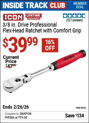 Harbor Freight ICON 3/8 IN. DRIVE PROFESSIONAL FLEX-HEAD RATCHET WITH COMFORT GRIP coupon